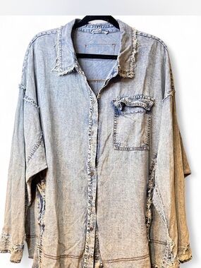 Blue Velvet Light Wash Distressed Denim Button-Up Shirt